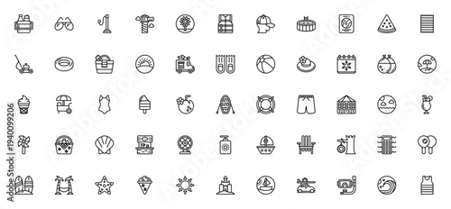Summer time icon set. Vector illustration pack. Includes symbols for beach, sun, ice cream, swimsuit, picnic, sailboat, cocktail and more. Editable stroke.