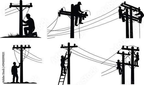 Set of professional linemen silhouettes working on high voltage utility poles and power lines, electrical maintenance and infrastructure repair vector illustration isolated on white.