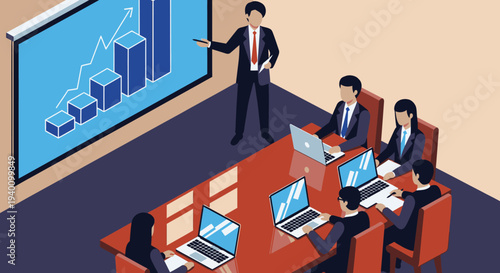 A corporate leader delivers an engaging presentation featuring upward trending financial data and bar graphs to a team of colleagues in a professional setting.