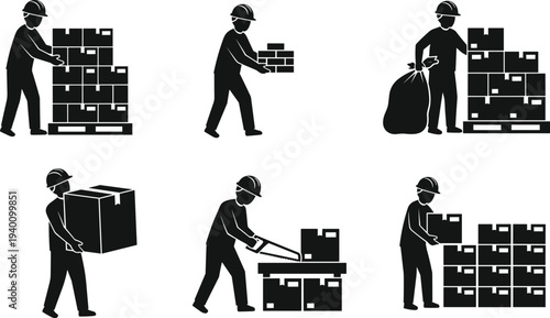 Set of professional warehouse worker silhouettes featuring builders carrying heavy boxes stacking cardboard containers on pallets and using saws for industrial logistics design projects.