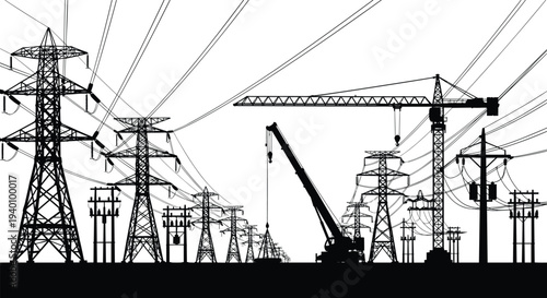 Silhouette of high voltage electric transmission towers and industrial construction cranes on a power line site under a clear sky for energy infrastructure.