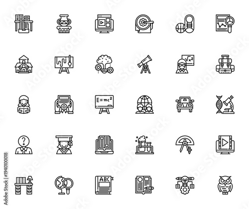 Education icon set. Vector illustration pack. Includes symbols for school, learning, teacher, student, book, graduation, science, art, sports and more. Editable stroke.