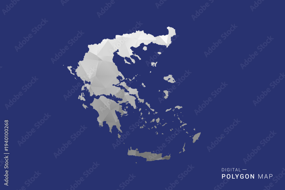 Obraz premium Greece Map - Polygon White and Black map Style Vector Illustration, Low Poly Geometric Design, Isolated on blue Background.