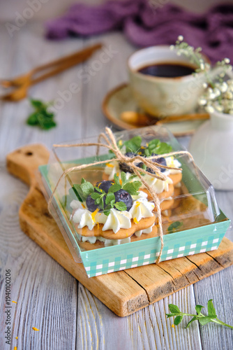 Homemade Honey Pastry Dessert with Whipped Cream, Blueberries and Mint