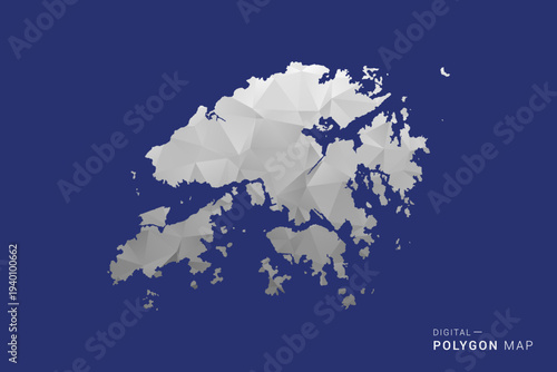 Hong Kong Map - Polygon White and Black map Style Vector Illustration, Low Poly Geometric Design, Isolated on blue Background.