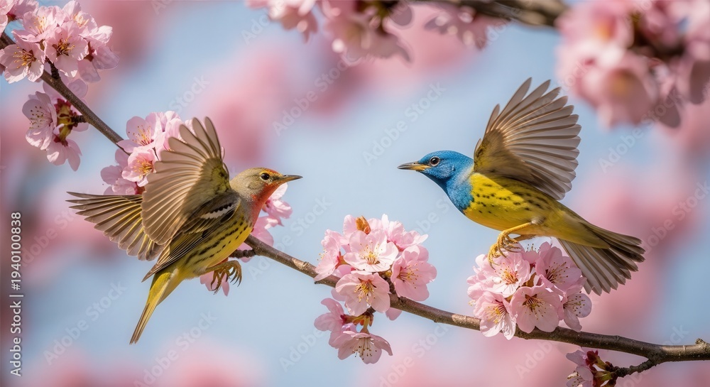 Naklejka premium Charming Pair of Colorful Hummingbirds Interacting on Blossom Tree Branch