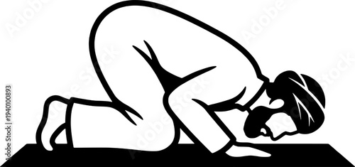Man in prostrate position on prayer mat in black and white