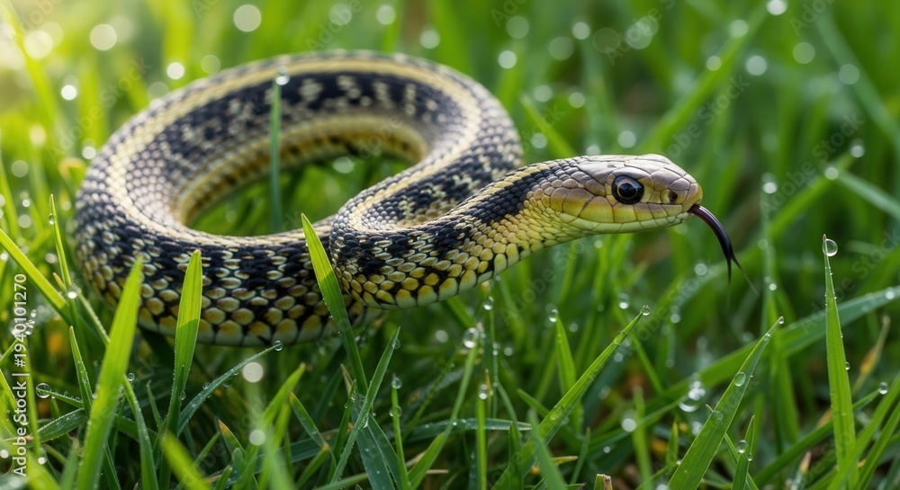 Fototapeta premium Close-up of a Beautiful Grass Snake in Fresh Green Meadow with Dew Drops