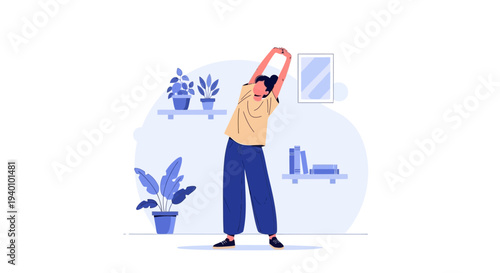 Woman stretching at home, healthy lifestyle, indoor exercise, wellness, home workout