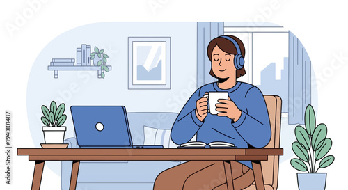 Woman working from home, listening to music on headphones, drinking coffee, relaxed atmosphere