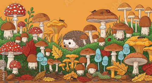 Hedgehog amidst vibrant forest floor with colorful mushrooms leaves and flowers in autumnal setting