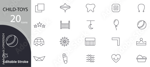 Child Toys line icon set. Baby toys, children toys, feeding care and international children day outline icon collection. UI thin outline icon set . Editable stroke.