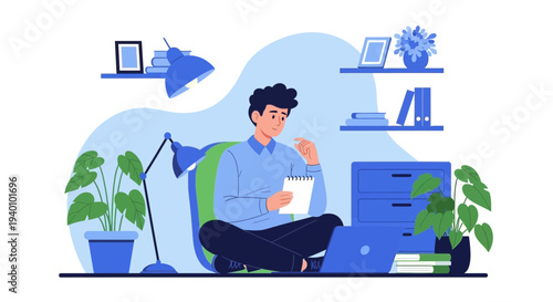Young man working on laptop at home office, cross-legged, writing notes, plants, desk lamp