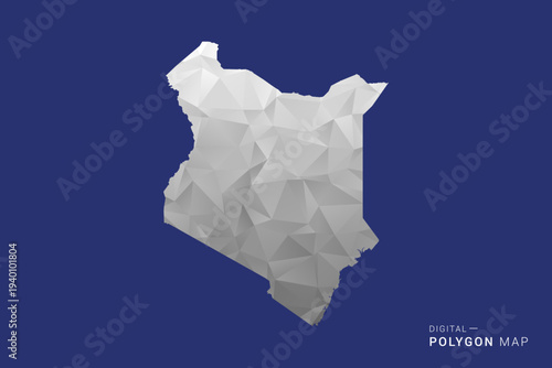Kenya Map - Polygon White and Black map Style Vector Illustration, Low Poly Geometric Design, Isolated on blue Background.