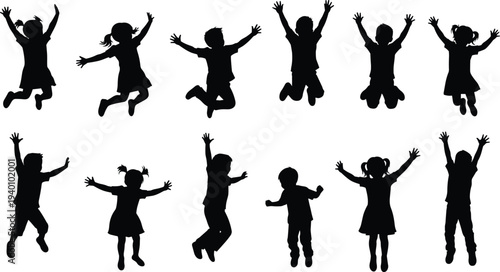 jumping kids silhouette set, happy children jumping and playing poses collection, active childhood fun movement black silhouettes illustration