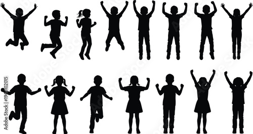 jumping children silhouette collection, happy kids celebrating and playing poses set, joyful childhood movement black silhouettes illustration bundle