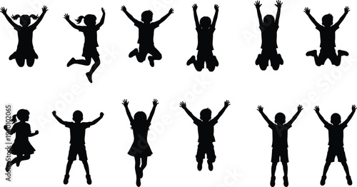 jumping kids silhouettes set, happy children celebrating and playing poses collection, joyful childhood activity black silhouette illustration bundle