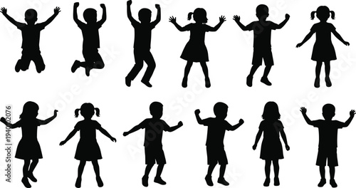 children jumping silhouette collection, happy kids celebrating and playing poses set, joyful childhood activity black silhouettes illustration bundle