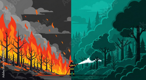 Forest fire contrast burning trees on left and lush green forest on right climate change concept
