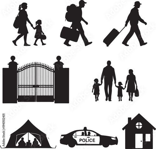 Diverse group of people in silhouette walking with luggage and children near a gate tent police car and building representing migration and displacement silhouette