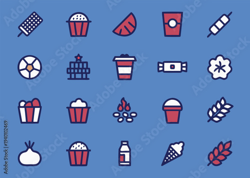 A collection of twenty vector icons illustrating snacks and outdoor food items including corn and watermelon appears on a blue backdrop.