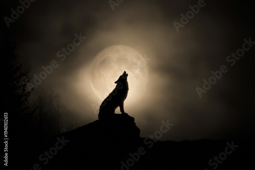 Lonely Wolf Silhouette Howling at Moonlight.