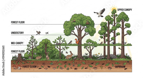 Forest ecosystem layers diagram with wildlife and vegetation showing upper canopy mid canopy understory and forest floor with animals and plants