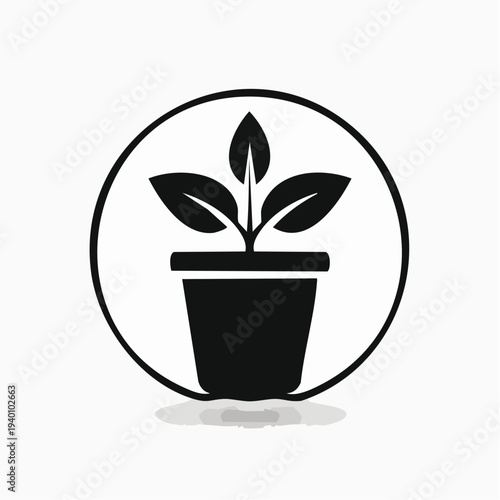 Graphic icon of a potted plant within a circle, symbolizing natural growth, sustainability, and new beginnings. Ideal for gardening, environmental, and eco-friendly themes