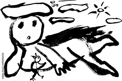 Monochrome brush drawing of a person lying down resting their chin on their hand, a little bird, sun, clouds, and a UFO