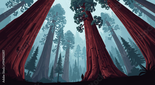 Majestic giant sequoia trees in a misty forest landscape with towering trunks and foliage under a hazy sky