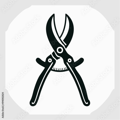 A high-contrast black and white vector illustration of a pair of gardening shears or pruning shears, symbolizing garden maintenance and plant care