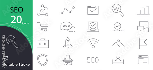 SEO line icon set. Search Engine Optimization. Business and marketing, traffic, ranking, optimization, link and keyword icon pack. Marketing and Seo related outline icons . Editable stroke.