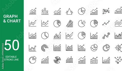 Set of 50 editable graph and chart line icons for business analytics, statistics, finance reports and data visualization dashboard design