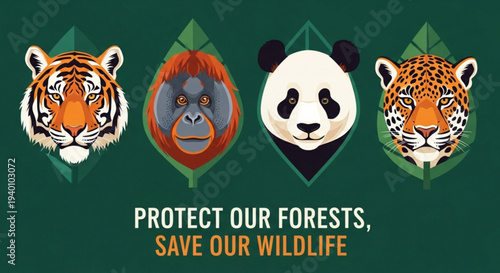 Wildlife conservation poster with tiger gorilla panda and leopard heads on green leafy background