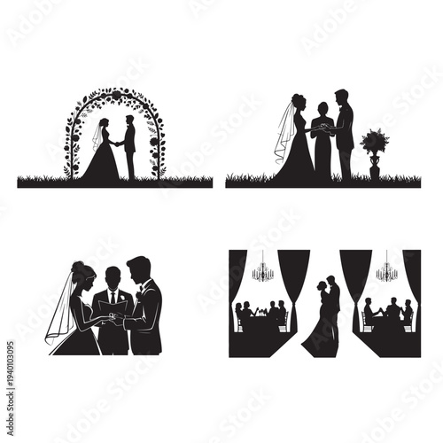 Black silhouette of bride and groom wedding scenes