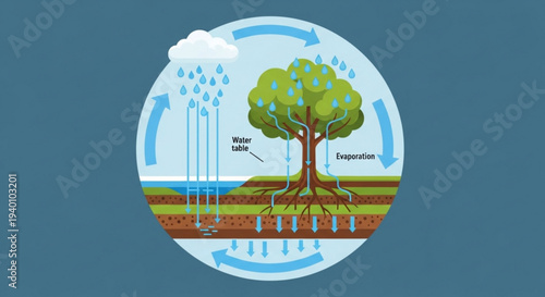 Tree water cycle diagram showing evaporation precipitation and transpiration process