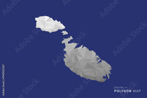 Malta Map - Polygon White and Black map Style Vector Illustration, Low Poly Geometric Design, Isolated on blue Background.