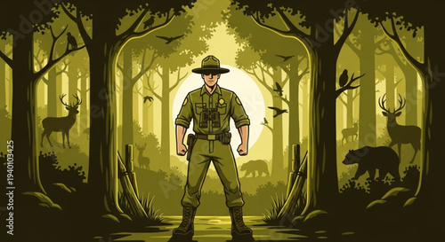 Ranger standing confidently in forest with wildlife trees and sunset background conservation concept