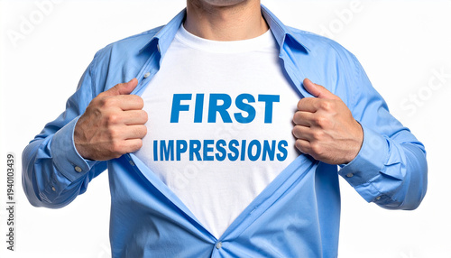 first impressions - Ein Mann öffnet sein Hemd und zeigt sein TShirt