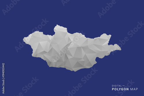 Mongolia Map - Polygon White and Black map Style Vector Illustration, Low Poly Geometric Design, Isolated on blue Background.