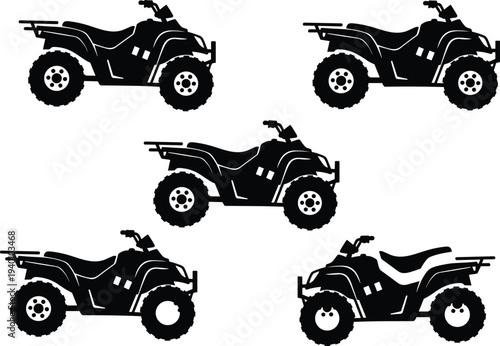 Set of black ATV quad bike silhouettes isolated on white background, off-road four wheeler vector illustration collection for stock use