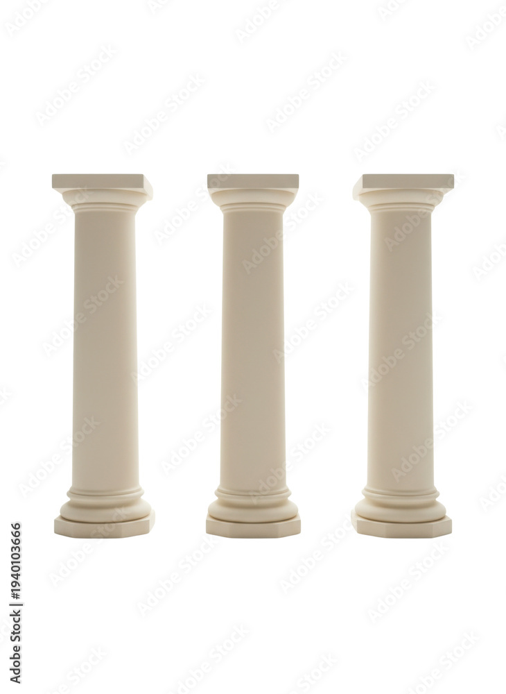 Fototapeta premium 白い背景に垂直に並べられた3本のクラシックな白い円柱の柱。建築、歴史、安定性を象徴するミニマルなデザインで、プレゼンテーションやウェブサイトの背景に最適です。