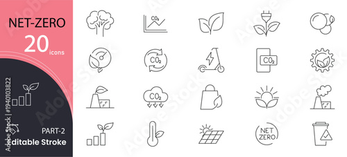 Net zero line icon set.  carbon footprint, CO2 neutral, solar energy, wind power and renewable energy related outline icon collection.  outline icons pack. 