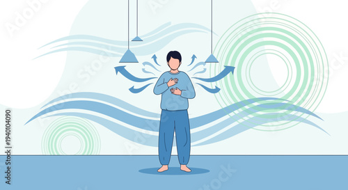 Man practicing deep breathing exercises, calm mind, stress relief, and well-being