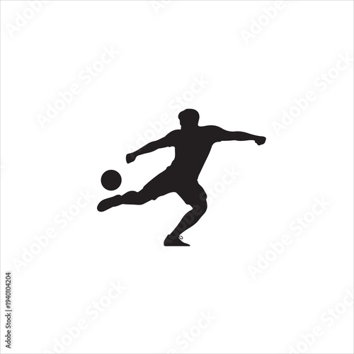 Black silhouette of soccer player kicking ball white background