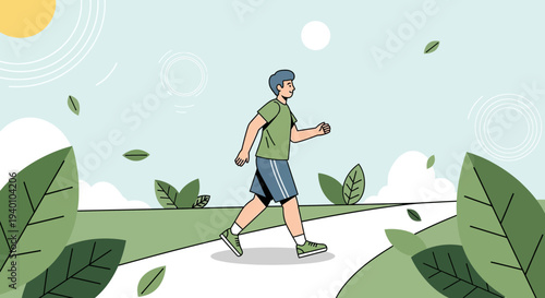 Man walking in a park on a sunny day, healthy lifestyle, outdoor activity