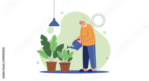 Man watering plants at home, indoor gardening, hobby, leisure, green plants, illustration