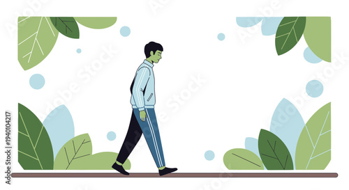 Man walking in nature with green leaves and blue bubbles, healthy lifestyle concept