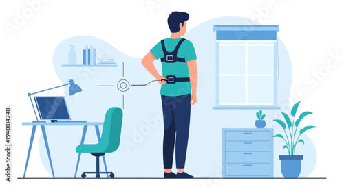 Man wearing posture corrector device at home office desk with laptop and plants