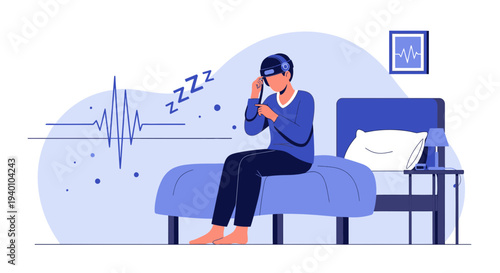Man wearing VR headset in bed, sleep monitoring, brainwaves, Zzzs, futuristic sleep technology